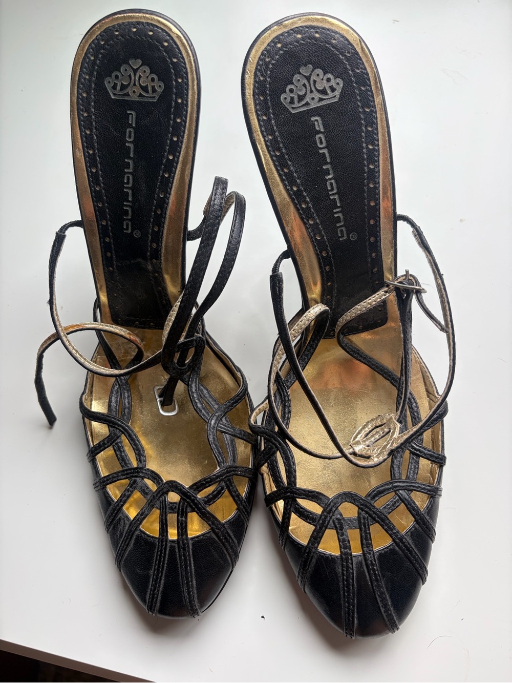Fornarina Black Strappy Pointed-Heel Sandals with Gold Insole